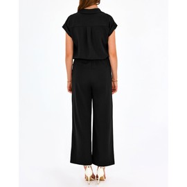 PRETTYGARDEN Women's Summer 2 Piece Outfits Casual Tracksuit Short Sleeve Button Down Shirts Long Pant Lounge Sets 2024(Solid Black,Small)