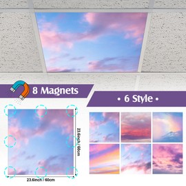 Kittmip 6 Pcs Fluorescent Light Covers, 2 x 2 ft Light Covers with 48 Magnets for Fluorescent Light Shade Drop Ceiling Light Filters for Ceiling Lights Classroom Office Kitchen Decor (Sunset Clouds)
