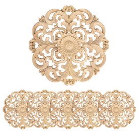 6 Pcs Decorative Wood Hollow Flower Carved Appliques Onlays, 13 x 13 cm Unpainted Solid Wood Round Carving Decal for Furniture Cabinet Bed Closet DIY Decoration