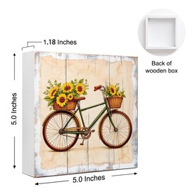 WUZYOU Sunflower Bicycle Sign, Funny Summer Inspirational Country Desk Decor Wood Box Sign, Retro Office Desk Farmhouse Home bedroom Shelf Table Decoration 5x5x1 INCH