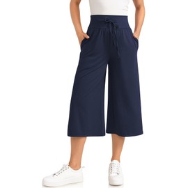 TARSE Wide Leg Capris High Waisted Cropped Palazzo Pants Culottes for Women with Pockets Summer Navy