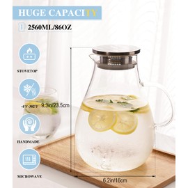 LUNA & MANTHA Glass Pitcher with Lid, 86oz Glass Water Pitcher, Large Hot Cold Water Jug, Borosilicate Drink Jug for Iced Tea, Sangria and Coffee Beverage Carafe with 2 Silicone Rings