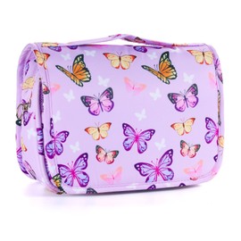 Kids Hanging Toiletry Bag for Girls, Travel Toiletry Bag for Little Young Girls Cosmetic Makeup Waterproof Wash Bag Toddler Traveling Toiletries, Butterfly Purple