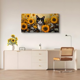 SERIMINO Large Wall Art Canvas Prints, Sunflower Cat Wall Art Aesthetic, Cute Animal Modern Home Decor Paintings, Yellow Landscape Pictures Wall Decor Living Room Dining Room Office Decor 20"X40"