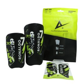 Alpha Soccer Shin Guards - Soccer Protective Gear, Lightweight Shin Guard Set with Single Straps (S/M, Ronaldo Stickers)