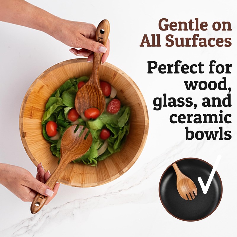 PriorityChef Premium Wooden Salad Servers - Handcrafted Teak Wood Spork