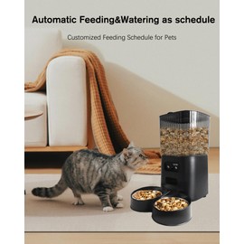 Junbec-Pet Automatic 2 Cat Feeder Camera, Auto Dog Dry Food Dispenser 5L WiFi Pet Timed Electric Small Smart APP Self Feeding Stainless Steel Bowl (Black, 2 Bowls)