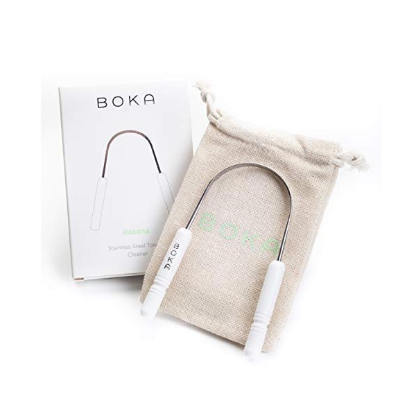 Boka Rasana Stainless Steel Tongue Cleaner and Scraper with Linen Travel Pouch, Remove Tongue Buildup and Freshen Breath (Pack of 1)