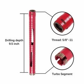 HBKEEN 1-1/2 Inch Dry Core Drill Bit, 9.5” Drilling Depth Concrete Core Drill Bits, 5/8-11" Thread Core Drill Bit for Concrete, Dry Core Drill Bits with Laser-Welded Segments (1-1/2 inch with Slots)
