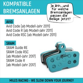 Miles Racing E-Bike Disc Brake Pads Organic for Avid Code, Code R, Sram Guide RE
