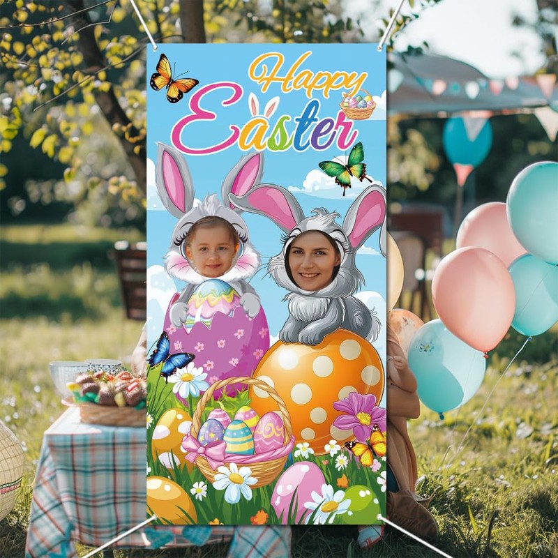 WADORN Happy Easter Photo Door Banner, Easter Bunny Funny Phtography