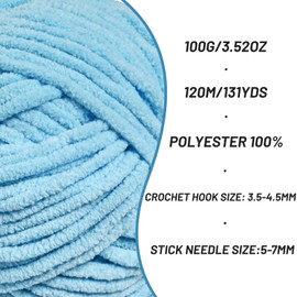 Plush Chunky Chenille Yarn for Crocheting, Soft Fluffy Velvet Yarn for Crocheting, Fuzzy Baby Blanket Knitting Yarn, 100g/131yds Bulky Amigurumi Yarn（Azure Blue）