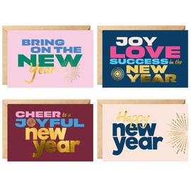 easykart labels 200 Happy New Year Cards Boxed Set With Envelopes and Gold Seal Stickers - 6.75" x 4.5" Assorted New Years Greeting Card Set 2024 With Messages Inside 10 pack