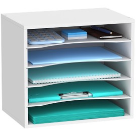 SHARKWOODS 5-Tier Paper Organizer for Desk, Wood Desktop Organizer with Adjustable Lettry Tray, Mail Sorter for Office School & Home, White