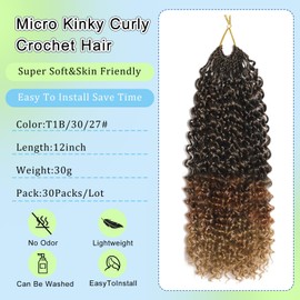 FLWAI Pre Looped Micro Kinky Curly Crochet Hair, 8 Packs, 12 Inch Yanky Twist Crochet Hair, Kinky Twist Synthetic Wavy Curly Crochet Hair Extensions for Black Women (1B/30/27, 8 Packs 12 Inches)