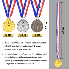 Brelet 36 medaglie d'oro Medaglia d'argento Medaglia di bronzo in metallo con nastri da collo Medaglia di calcio Compleanno Sci Lavoro Sport per Ricompensa Sport Day Diametro ca. 5 cm