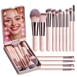 BS-MALL Juego de Brochas de Maquillaje de Viaje, Base, Corrector de Polvo, Sombras de Ojos, Conjunto de Maquillaje Con Espejo de Luz Led, 14 Piezas, Mini Brochas de Maquillaje (Apink)
