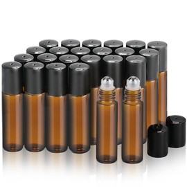 PrettyCare Roller Bottles For Oils 10 ml (Amber Glass, 24 Pack, 1 Extra Stainless Steel Balls, 12 Labels, 1 Opener, 1 Funnels Essential Oil Roller Bottles, Roller on Bottles
