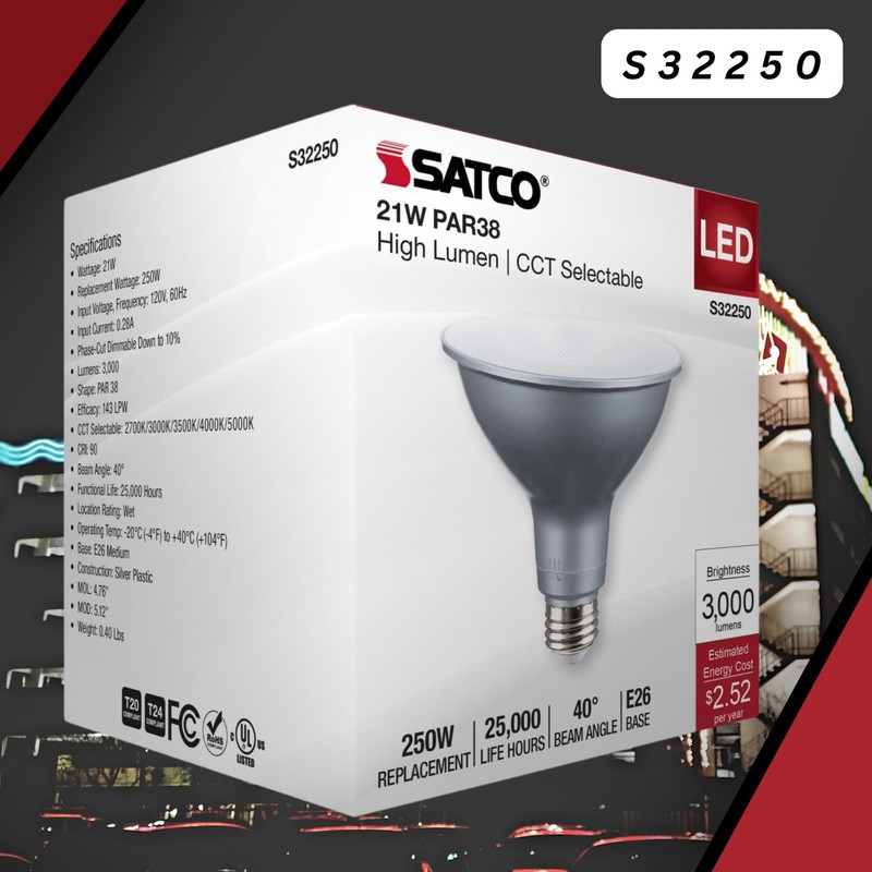 Satco S32250 21 Watt PAR38 High Lumen LED; 27K/30K/35K/40K/50K CCT