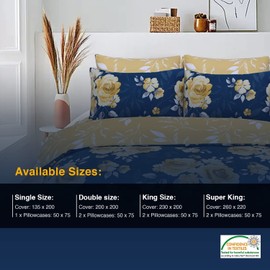 Indus Textiles Duvet Cover Set - 100% Soft Cotton Floral Pattern Reversible Duver Cover With Pillowcases - Roses Navy Mustard - Single