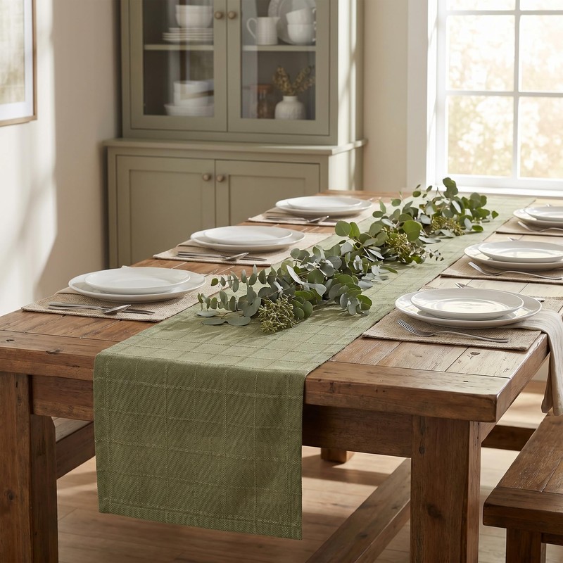 yuboo Olive Green Table Runner 72 Inches Long, Summer Checked