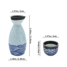 KeQiu Ceramic Japanese Sake Set, Bottle and Cups for Sake, Dishwasher & Microwave Safe, Blue Wave Pattern, 1 Sake Bottle and 4 Sake Cups