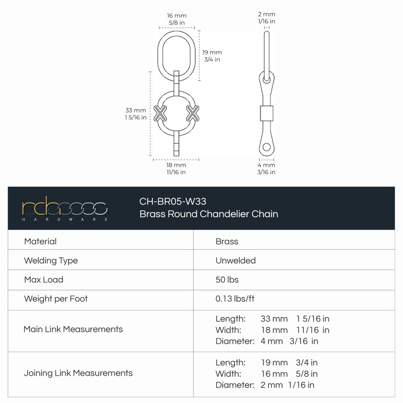 RCH Hardware Decorative Polished Solid Brass Chain for Hanging, Lighting