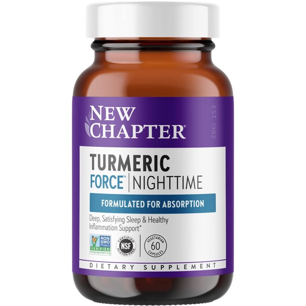 New Chapter Turmeric Supplement + Sleep Aid - Turmeric Force Nighttime for Sleep Support with Valerian Root + Ginger + NO Black Pepper Needed + Non-GMO Ingredients - 60 Vegetarian Capsule