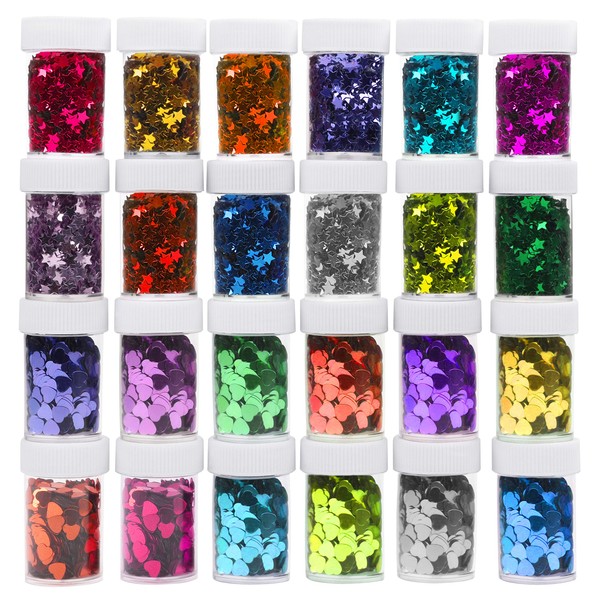 Kurtzy 24 Pieces Sequin Stars & Hearts Sequin Tins - Colourful Glitter Sequin Cup Set - Loose Sequin Bowls for Slime, Scrapbooking, Crafts, Nail Design, School, Make-Up, Party