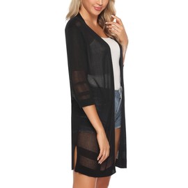 Sykooria Women’s Cardigan, Long Sleeve, Monochrome, Lightweight, Thin, Long Cardigan - Hollow black, size: s