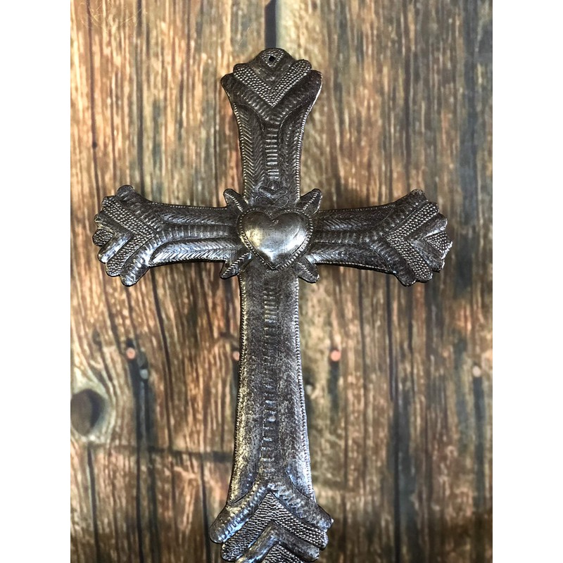 Large Metal Cross with Milagro Hearts 21 x 30.5 cm