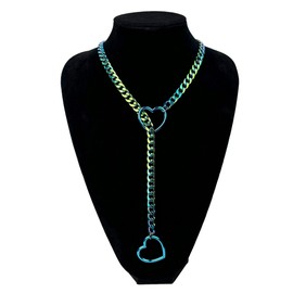 EverGlimp Rainbow Slip Chain Necklace For Women, Blue Heart-Shaped O-Ring,Adjustable Lengths,Cuban Chunky Chain Lariat Y-Necklace Jewelry (Blue, Length 32'')