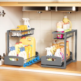 Under Sink Organizer 2 Pack,Metal Pull Out Cabinet Organizer Shelf,Kitchen Bathroom Organizers and Storage with Sliding Drawer,Storage Shelves,Storage and organization for Home,Laundry,RV,Pantry,Spice