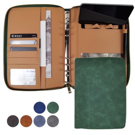 A5 Binder Case PU Leather Portfolio Budget Binder Refillable Notebook Planner Cover with Zipper 6 Rings Money Document Organizer for Business Interview (GREEN)