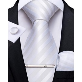 DiBanGu Men’s Plain Silk Necktie, Formal Necktie + Handkerchief + Cufflinks Set, For Business, Weddings - wht
