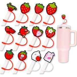 12PCS Strawberry Straws Cover Cap Silicone for Tumbler Cup Birthday Party Supplies Favors Decorations, 10mm Drinking Straws Topper Hat for Reusable Straws Fruits Tips Lids