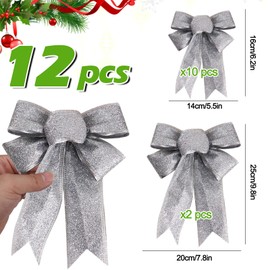 JUPSK Christmas Bow Set, 12 Pieces Bows Glitter Christmas Decoration Christmas Tree Decoration Garland Decoration (Silver)