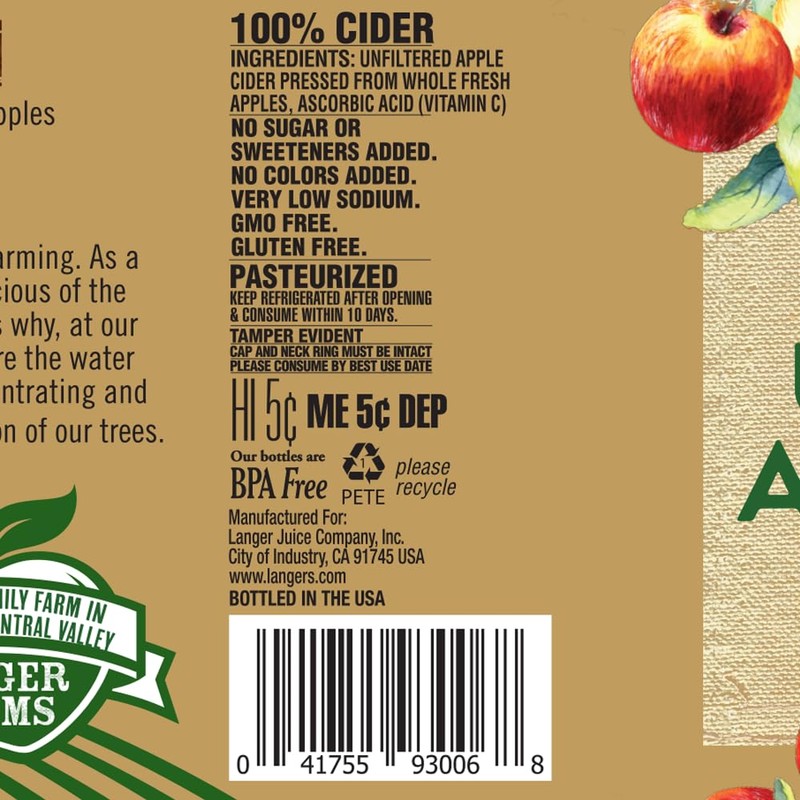 Langer Farms Unfiltered 100% Apple Cider,Not from Concentrate, 64 Fl