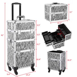 3 in 1 Rolling Makeup Train Case,Professional Cosmetic Trolley Large Storage with Keys Swivel Wheels,Makeup Travel Case,Salon Barber Case Traveling Cart Trunk for Make Up Hairstylists (White Zebra)