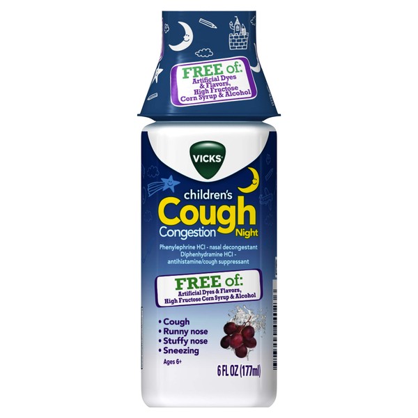 Vicks Children's Nighttime Cough & Congestion Relief, FREE OF: Artificial Dyes & Flavors, High Fructose Corn Syrup & Alcohol, Grape Flavor, For Children Ages 6+, 6 FL OZ