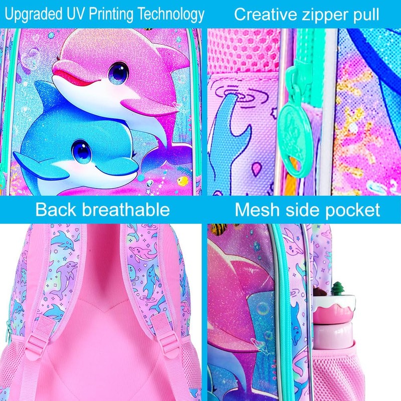 UFNDC 3PCS Dolphin Bookbag for Girls, 16" Kids Backpack with