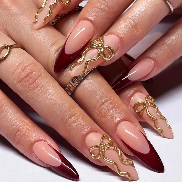 BABALAL Press on Nails Long Stiletto Fake Nails Red French