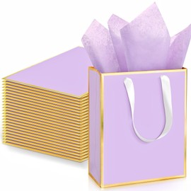 Yeaqee 24 Pack Metallic Paper Gift Bags with Handle and Tissue Paper Thank You Favor Bags for Bridal Shower Father's Day Groomsmen Wedding Birthday Baby Shower, 9 x 7 x 3.15''(Light Purple, Gold)