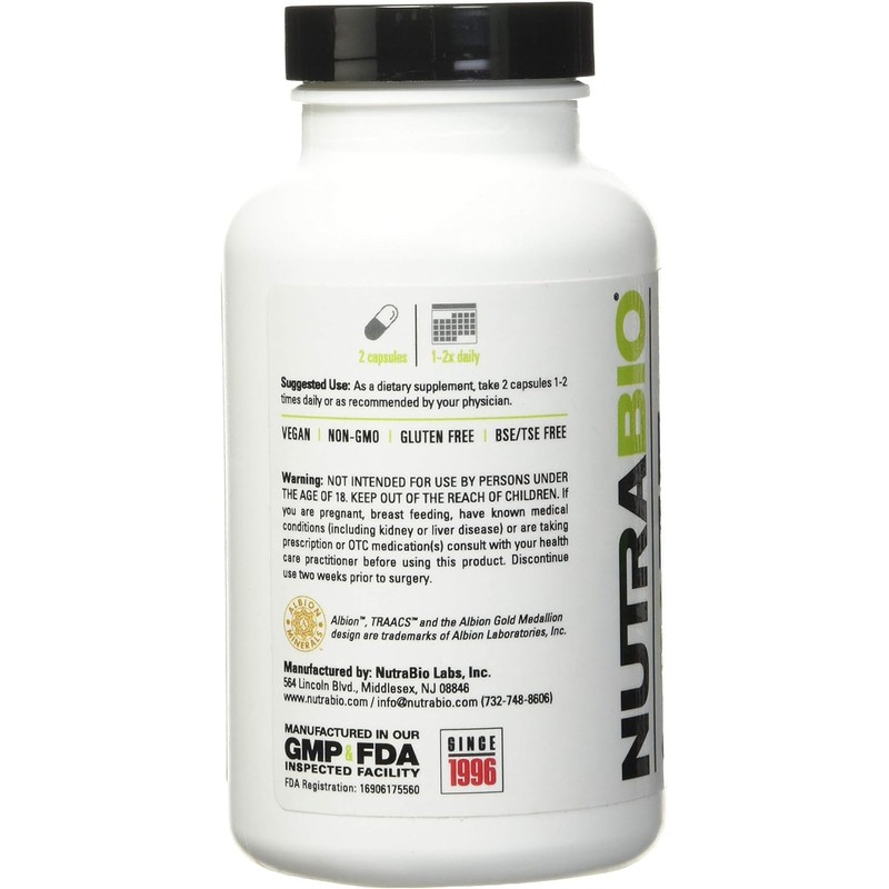 NutraBio Reacted Magnesium Supplement - 120 Caps - 200mg per