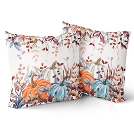 Giwawa Fall Pillow Covers Set of 2 18x18 Inch Orange Blue White Pumpkins Autumn Leaves Thanksgiving Cushion Covers Farmhouse Decorative Square Double Sided Throw Pillowcases for Indoor Outdoor Holiday