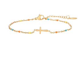 14K Gold Plated Adjustable Beaded Cross Bracelet for Women Religious Jewelry Gifts Stainless Steel Faith Charm Cuff Durable Elegant Design Stylish Confirmation Chain Accessory