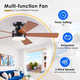 BYKISTOK Flush Mount Ceiling Fan with Lights - 46IN Modern Indoor/Outdoor Ceiling Fan Light with Remote/APP, Low Profile Fan Light with 6 Speeds, Dimming, for Bedroom, Living Room, Brown