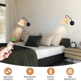 Novantl Black Wireless Wall Sconces Set of Two, Swing Arm Battery Wall Sconce, Battery Operated Wall Sconce with Remote, Battery Sconces with Linen Lampshade, Rechargeable Wall Lights for Living Room