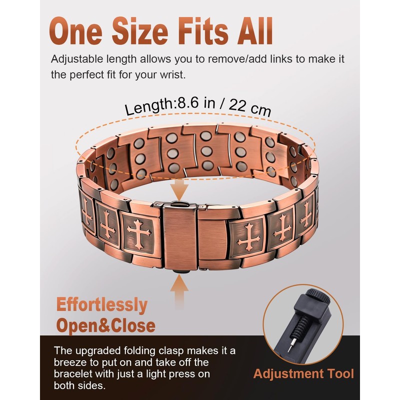Copper Bracelet for Men, 99.99% Pure Copper Jewelry Cross Magnetic