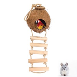 Gecko Coconut Husk Hut, Natural Coconut Shell Bird Nest with Ladder Hanging Loop Reptile Hideouts Bird Hut Nesting House for Pet Parrot Leopard Gecko Reptiles